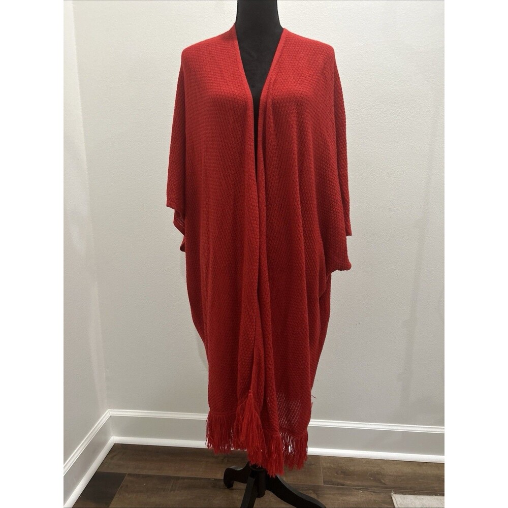 Chicos One Size Red Fringed Knit Open Front Long Cardigan Poncho